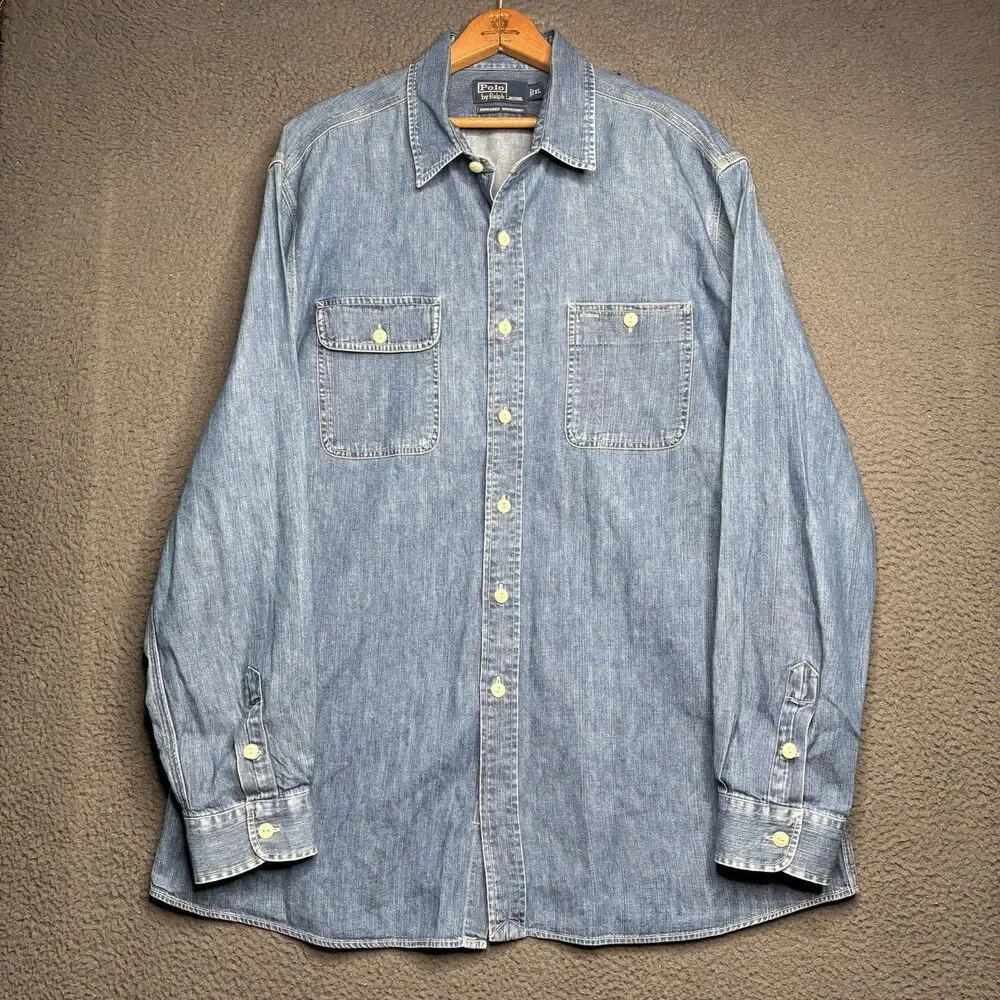 Vtg Polo Ralph Lauren Vintage Dungaree Work Shirt XL 52” RRL Style Indigo Denim